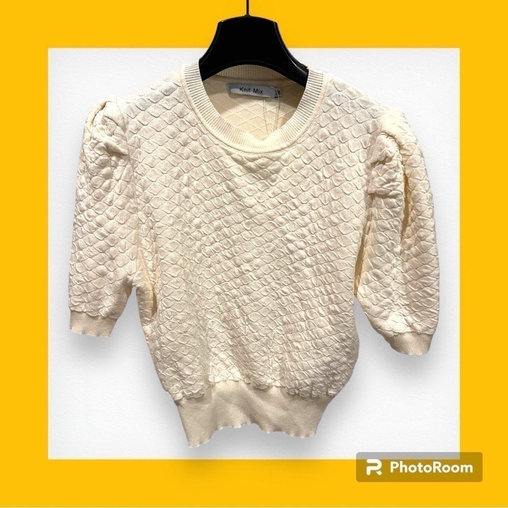 Knit Mix Blouse Medium Short Sleeve Fish Scale